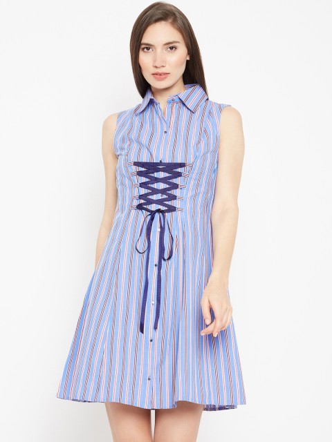 

Madame Women Blue & Red Striped Shirt Dress
