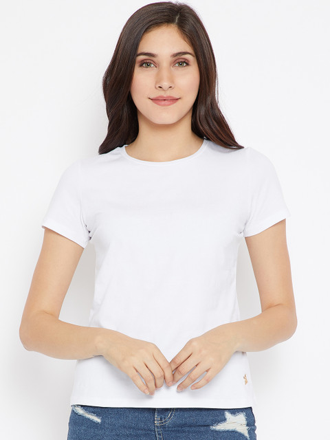 

Madame Women White Solid Round Neck T-shirt