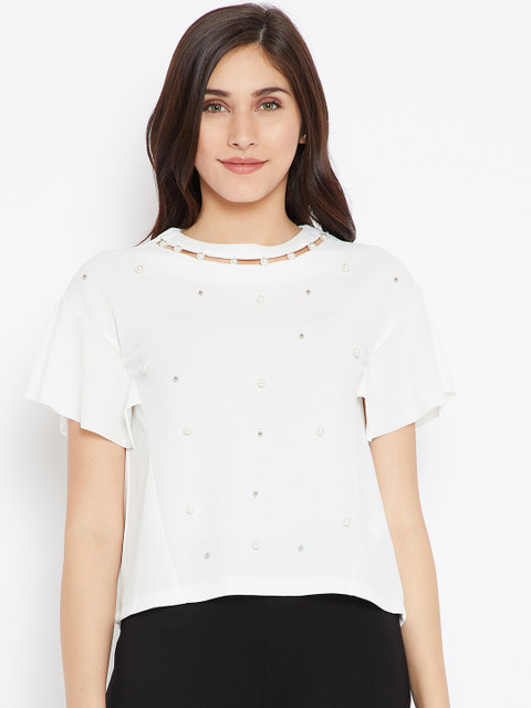 

Madame Women White Embellished Boxy Top