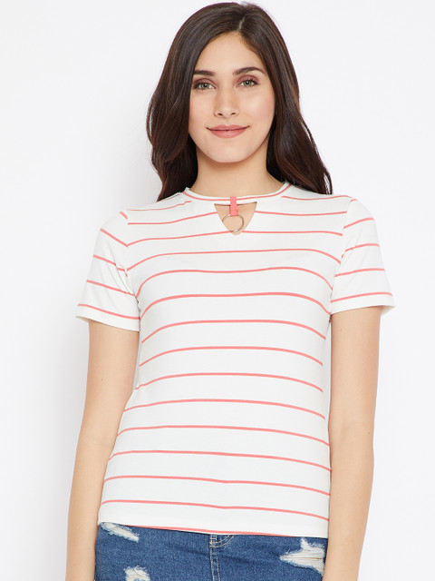 

Madame Women Off-White& Peach-Coloured Striped Top