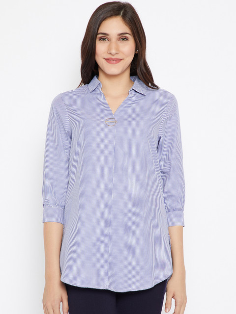 

Madame Women Blue & White Striped Shirt Style Top