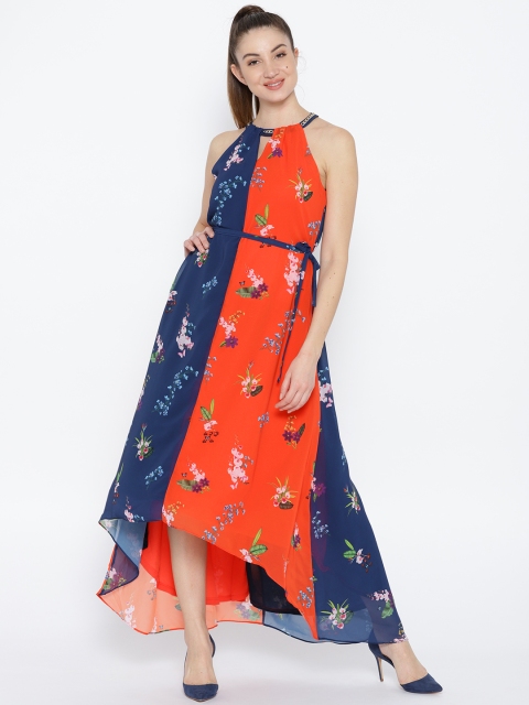 

Madame Women Navy Blue & Orange Printed Maxi Dress