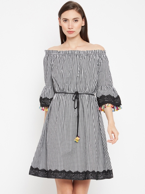 

Madame Women Black & White Checked Fit and Flare Dress