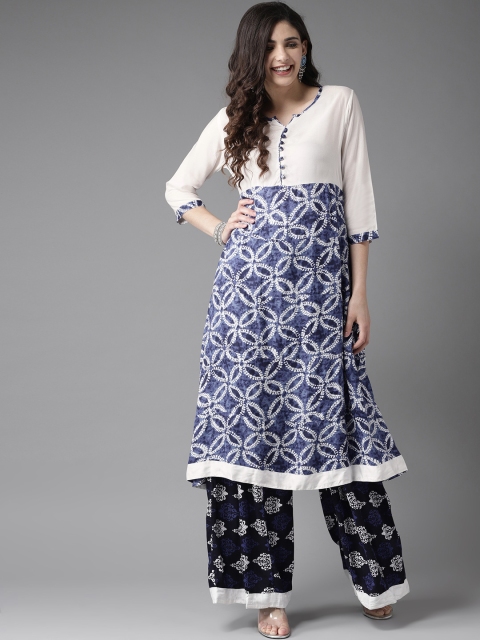 

HERE&NOW Women Navy Blue & White Printed Kurta with Palazzos