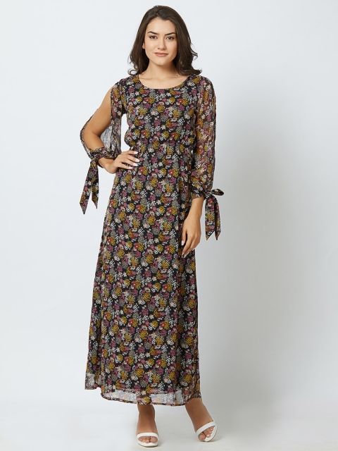 

MISH Women Black Semi-Fit Floral Printed Maxi Dress