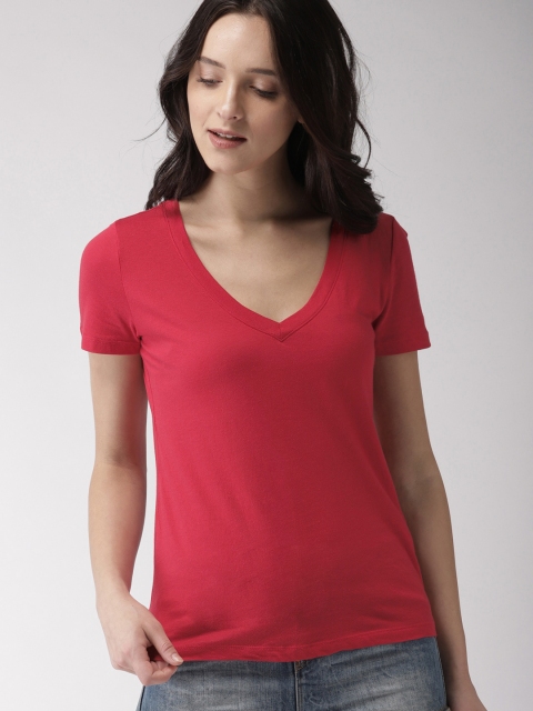 

FOREVER 21 Women Red Solid V-Neck T-shirt