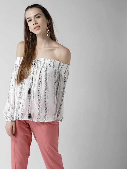

FOREVER 21 Women White & Black Printed Bardot Top