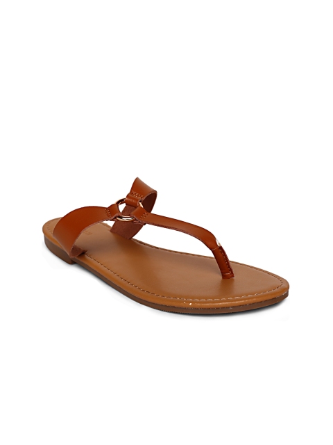 

FOREVER 21 Women Tan Brown Solid T-Strap Flats