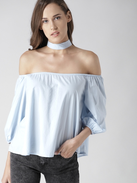 

FOREVER 21 Women Blue Solid Bardot Top