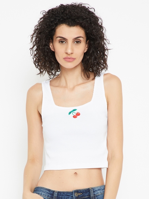 

FOREVER 21 Women Off-White Solid Crop Fitted Pure Cotton Top