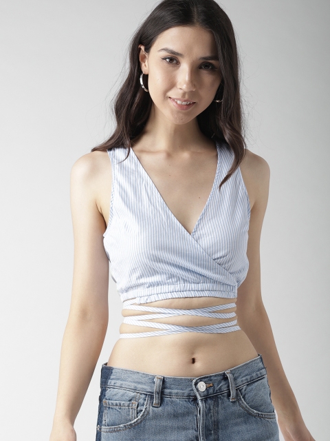 

FOREVER 21 Women Off-White & Blue Striped Wrap Pure Cotton Top