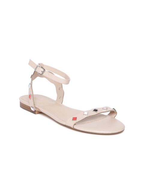 

FOREVER 21 Women Beige Studded Open Toe Flats