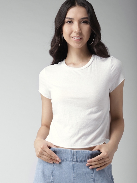 

FOREVER 21 Women White Solid Round Neck T-shirt