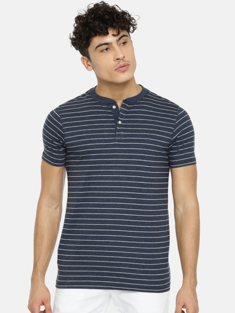 

Indian Terrain Men Blue Striped Henley Neck T-shirt