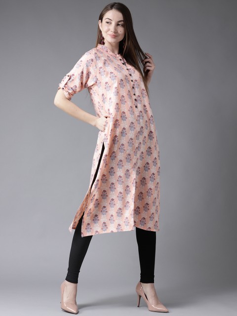 

Moda Rapido Women Peach-Coloured & Blue Printed Straight Kurta