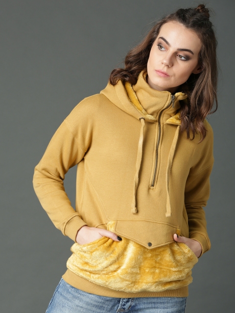 

Roadster Women Mustard Yellow Solid Hooded Sweatshirt