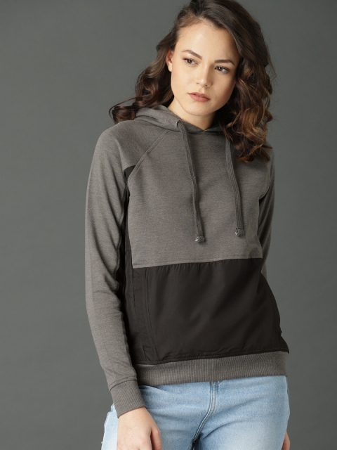 

Roadster Women Grey & Black Colourblocked Hooded Sweatshirt