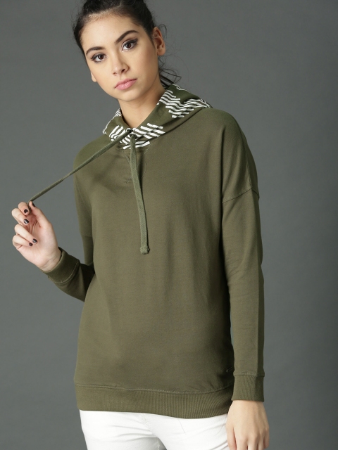 

Roadster Women Olive Green Solid Hooded Sweatshirt