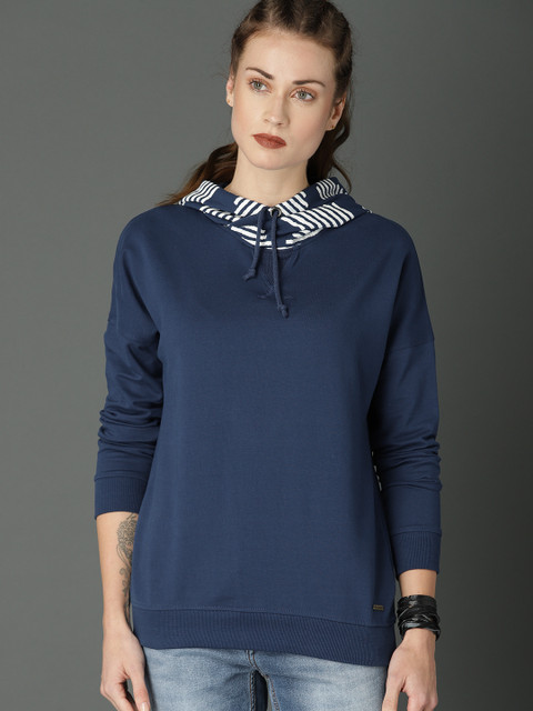 

Roadster Women Navy Blue Solid Hooded Sweatshirt