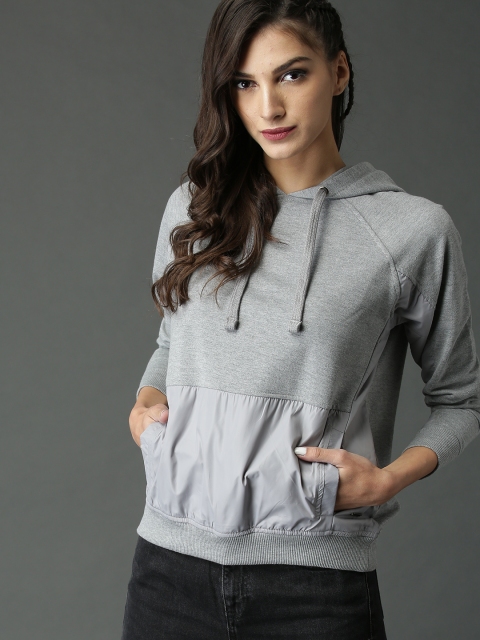 

Roadster Women Grey Melange Solid Hooded Sweatshirt