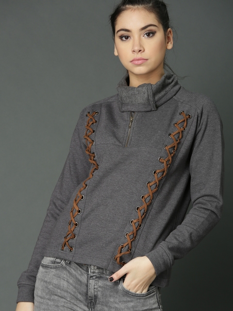 

Roadster Women Charcoal Grey Solid Sweatshirt
