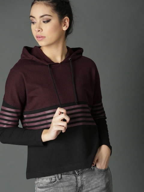 

Roadster Women Burgundy & Black Striped Hooded Sweatshirt
