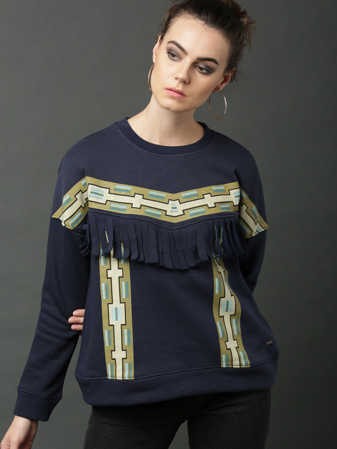 

Roadster Women Navy Blue & Olive Green Printed Sweatshirt