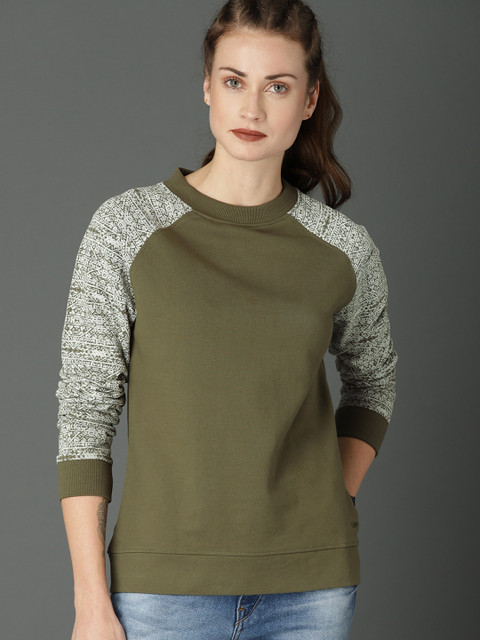 

Roadster Women Olive Green Solid Sweatshirt