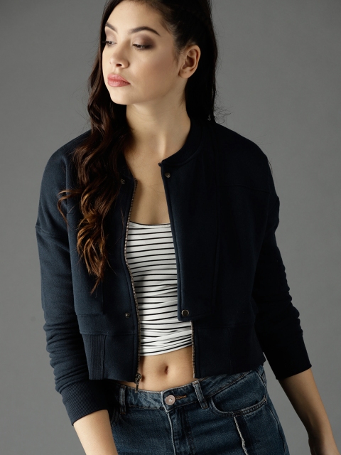 

Roadster Women Navy Blue Solid Crop Sweatshirt