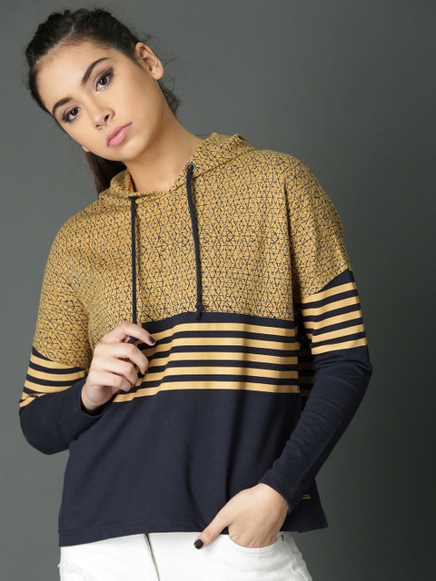 

Roadster Women Mustard Yellow & Navy Blue Printed Hooded Sweatshirt