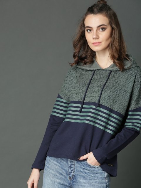 

Roadster Women Navy Blue & Green Printed Hooded Sweatshirt