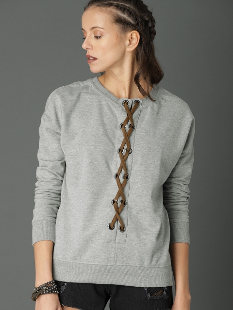 

Roadster Women Grey Solid Sweatshirt with Lace-Up Detail