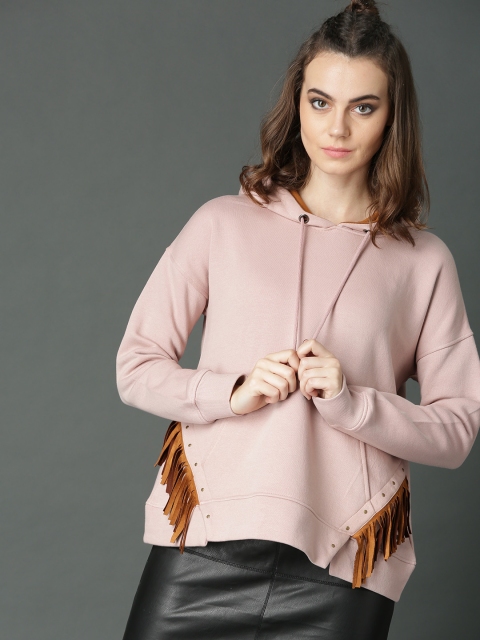 

Roadster Women Dusty Pink Solid Hooded Sweatshirt