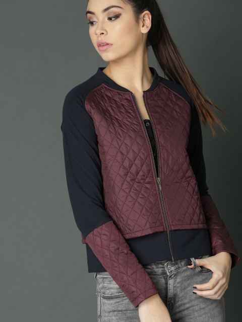 

Roadster Women Navy Blue & Maroon Solid Quilted Sweatshirt