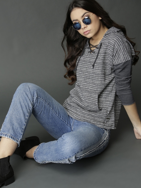 

Roadster Women Charcoal Printed Hooded Sweatshirt