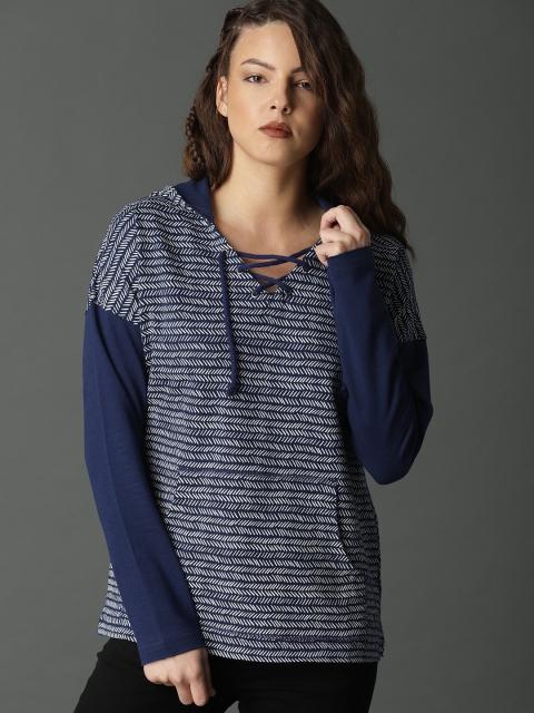 

Roadster Women Navy Blue & White Printed Hooded Sweatshirt