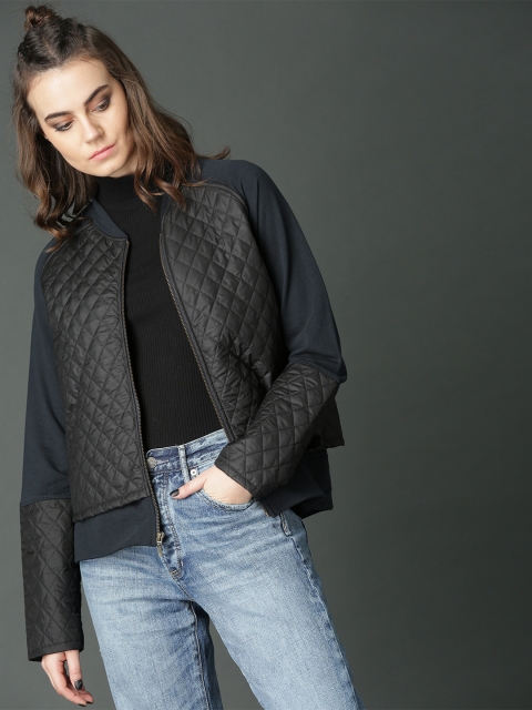 

Roadster Women Navy Blue & Black Solid Quilted Sweatshirt