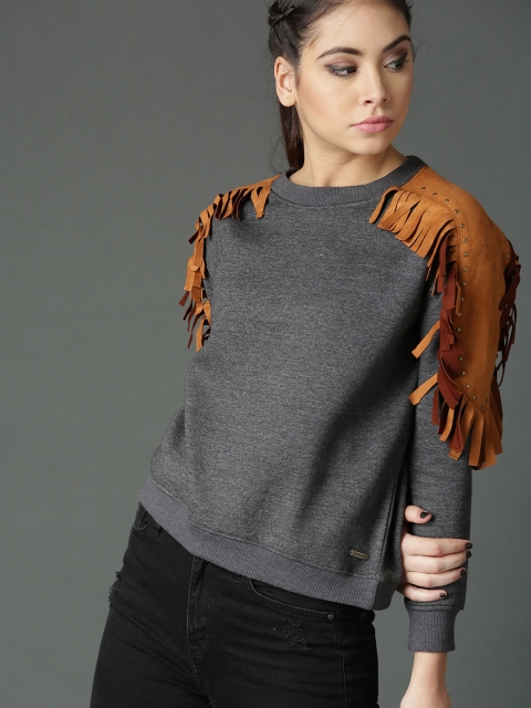 

Roadster Women Charcoal Grey Solid Crop Sweatshirt