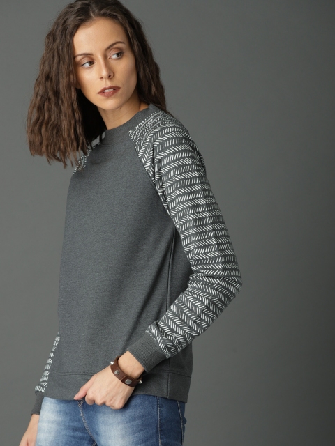 

Roadster Women Charcoal Solid Sweatshirt