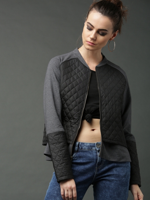 

Roadster Women Charcoal Grey & Black Solid Quilted Sweatshirt