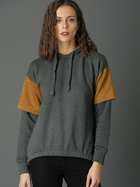 

Roadster Women Charcoal Grey & Brown Solid Hooded Sweatshirt
