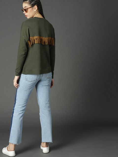 

Roadster Women Olive Green Solid Fringed Back Sweatshirt
