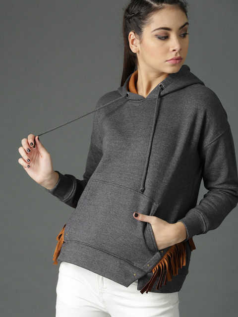

Roadster Women Charcoal Grey Solid Hooded Sweatshirt