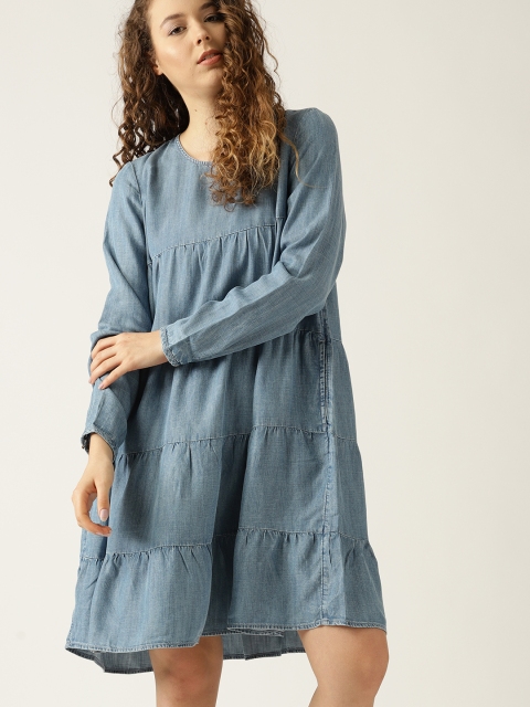 

ESPRIT Women Blue Solid Tiered A-Line Dress