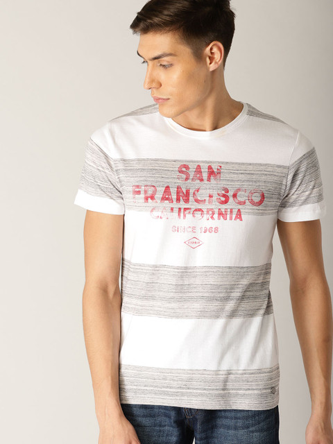 

ESPRIT Men White & Grey Striped Round Neck T-shirt