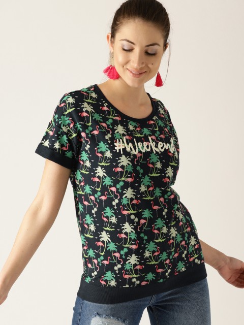 

ESPRIT Women Navy Blue & Green Printed Round Neck T-shirt