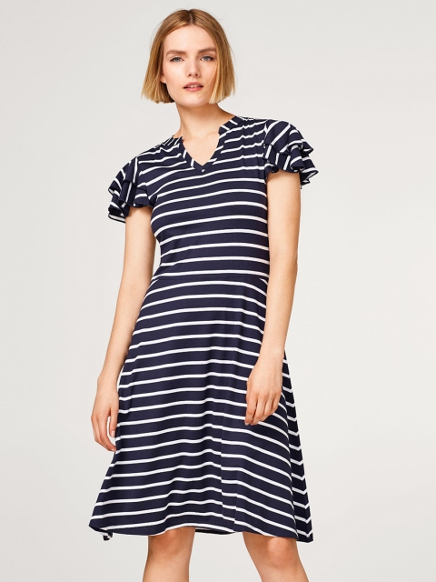 

ESPRIT Women Navy Blue & White Striped Fit and Flare Dress