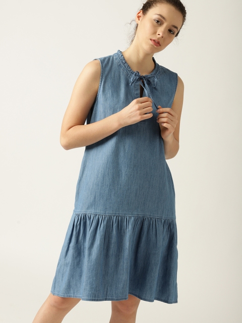 

ESPRIT Women Blue Chambray Solid Drop-Waist Dress