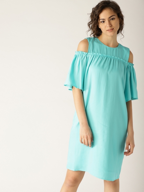 

ESPRIT Women Turquoise Blue Cold Shoulder Solid A-Line Dress