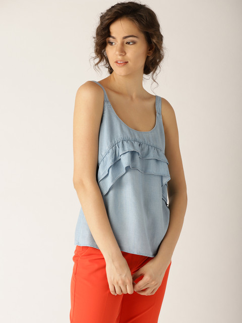 

ESPRIT Women Blue Solid Chambray A-Line Top